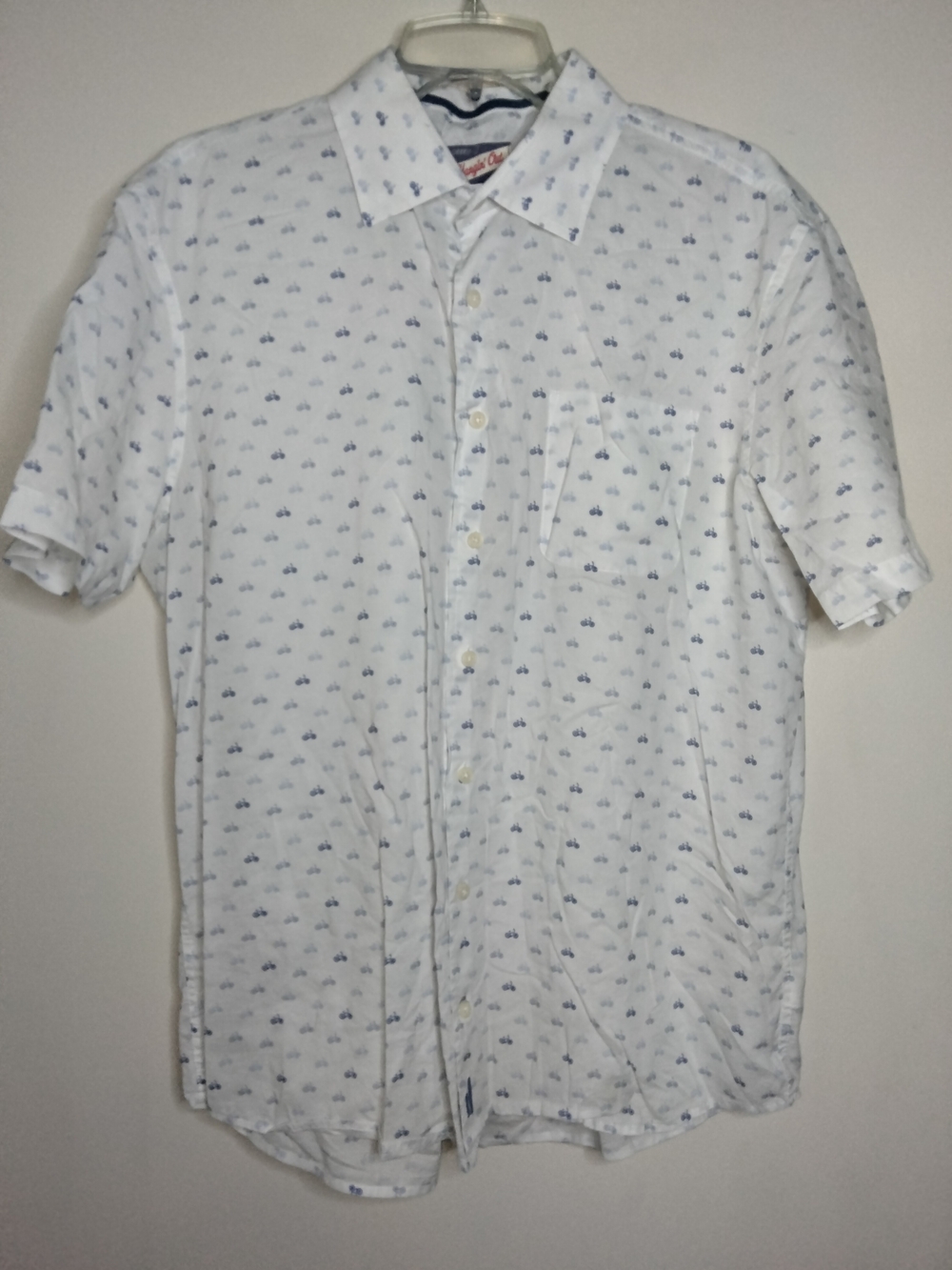 johnnie-O (Size L) White Cotton Blend Button-Down Shirt with Blue Novelty Print